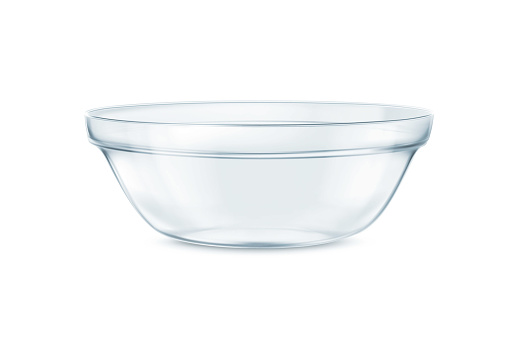 Glass bowl isolated on white background. Close up view of an empty transparent cup. Glass plate 3D rendering model, mixing bowl, glossy dish. Side or front view.