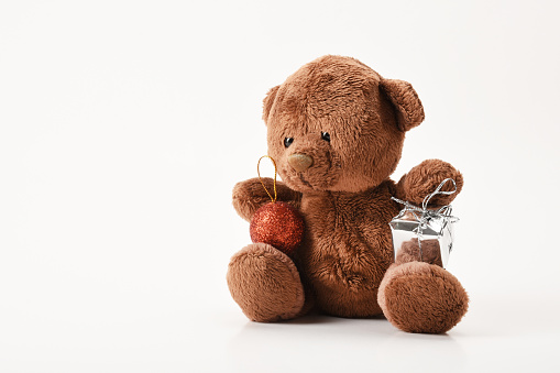 Teddy bear with gift box and Christmas ornament on the white background with copy space
