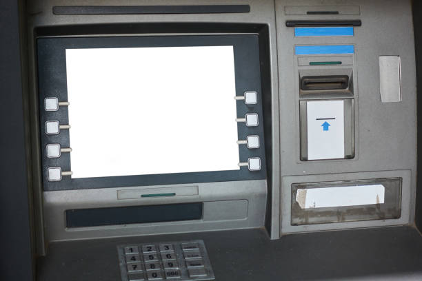 istock Street ATM teller machine with current operation. Blank screen for mockup 1364275213