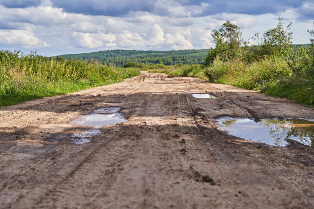 istock Old wide sandy road with a rolled track after the rain 1364275239