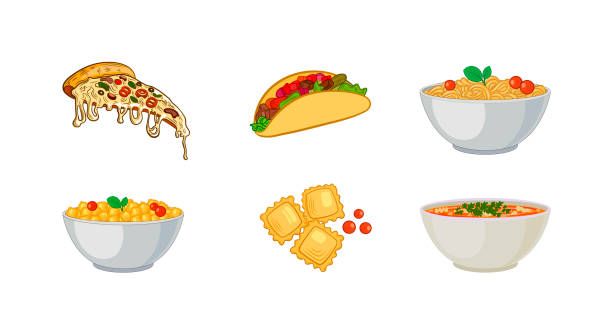 illustrazioni stock, clip art, cartoni animati e icone di tendenza di set vettoriale di icone colorate di cibo italiano, illustrazioni colorate, cibo disegnato a mano. - piadina