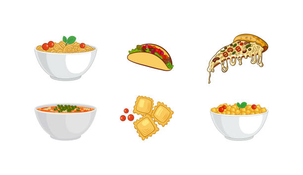 ilustrações de stock, clip art, desenhos animados e ícones de vector set of italian coisin dishes colorful icons, colored illustrations, handdrawn food. - old fashioned pizza label design element