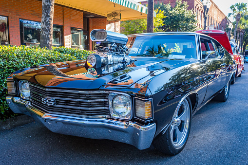 Fernandina Beach, FL - October 18, 2014: Wide angle front corner view of a 1972 Chevrolet Chevelle SS coupe at a classic car show in Fernandina Beach, Florida.