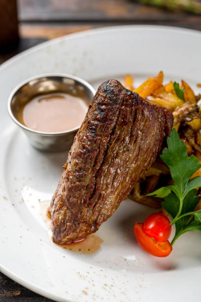 istock roast beef Steak on plate on wooden table 1364277427