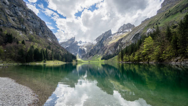 Seealpsee lake with the Swiss Alps, Appenzeller Land, Switzerland Seealpsee lake with the Swiss Alps in the background, Appenzeller Land, Switzerland appenzell stock pictures, royalty-free photos & images