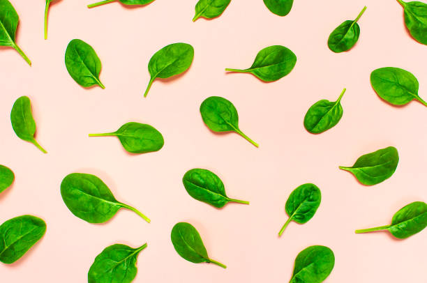 istock Fresh green spinach leaves pattern on pink background Flat lay top view. Creative food concept. Ingredient for salad. Vegetable pattern design. Healthy lifestyle. 1364279558
