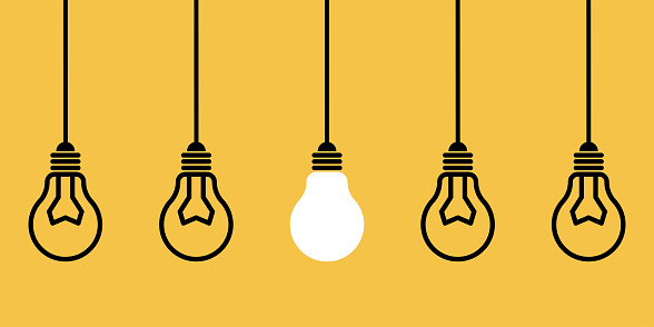 Idea concept vector illustration. Hanging lightbulbs. Inspiration and creativity.