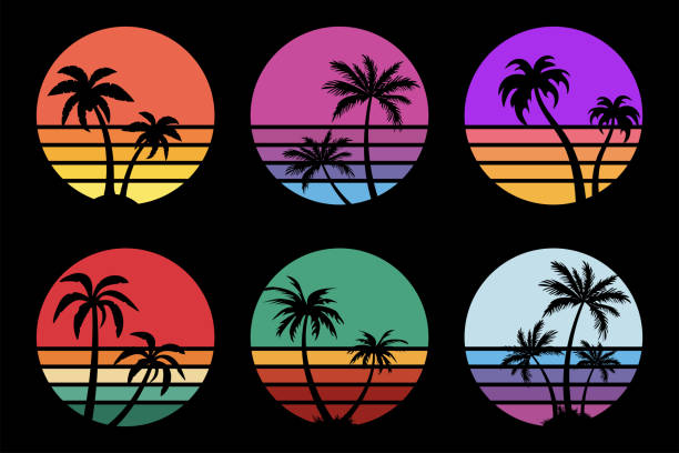 ilustraciones, imágenes clip art, dibujos animados e iconos de stock de atardecer retro con colección de siluetas de palmeras. elementos vectoriales retrowave - lugar turístico