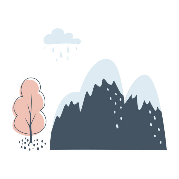illustrazioni stock, clip art, cartoni animati e icone di tendenza di carta minimalista con montagne, albero e nuvola su sfondo bianco. concetto di viaggio o natura. paesaggio notturno in colori limitati. illustrazione vettoriale - mountain landscape mountain peak small
