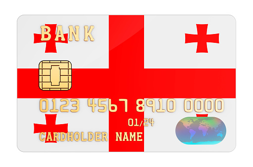 Bank credit card featuring Georgian flag. National banking system in Georgia concept. 3D rendering isolated on white background