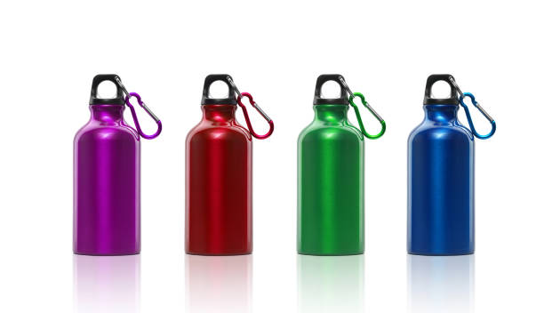 Stainless steel colorful collection of reusable stainless steel water bottles isolated on white background Stainless steel colorful collection of reusable water bottles isolated on white background red white blue bike stock pictures, royalty-free photos & images