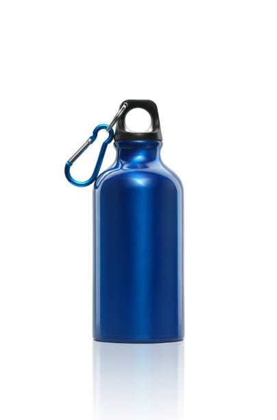 istock Front view of blue metal water bottle isolated on white background with copy space 1364283122