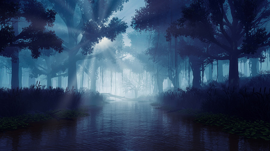 Misterioso paisaje de bosque nocturno con río tranquilo photo
