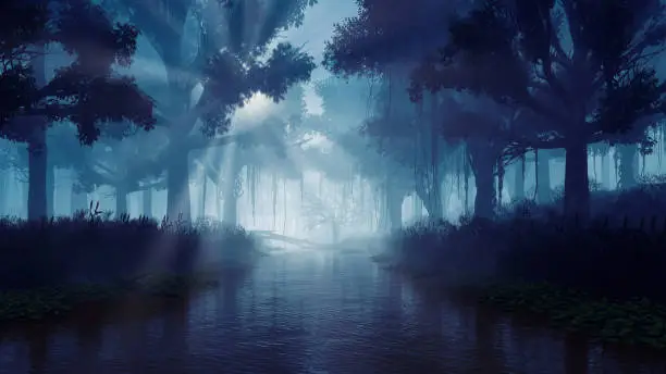 Photo of Mysterious night forest landscape with calm river