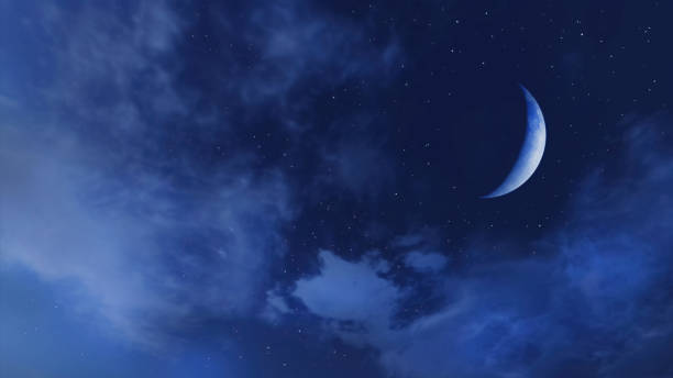 Big half moon crescent in night sky with clouds 3D Dreamlike starry night sky with fantastic big half moon crescent and fluffy clouds. Minimalist fantasy natural background 3D illustration from my 3D rendering file. half moon stock pictures, royalty-free photos & images