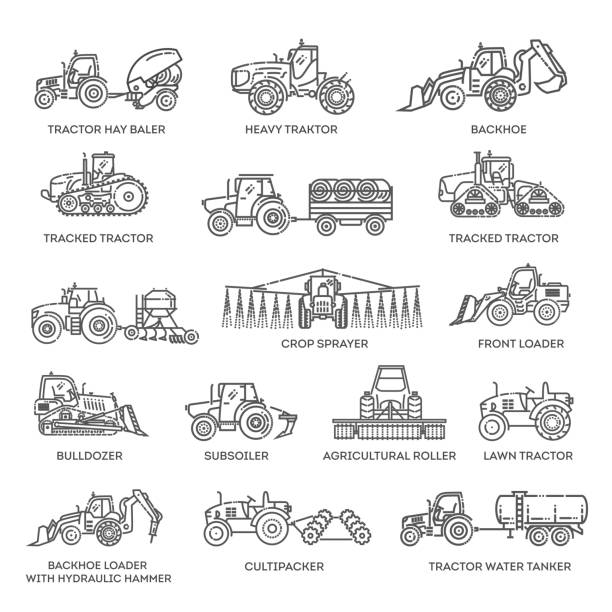 Set line icons of tractors. The set of Agricultural machinery. The set of Agricultural machinery insecticide stock illustrations