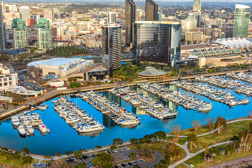 Aerial view of the downtown area of San Diego, California with hotels, the convention center, and the marina in the foreground from an altitude of about 700 feet during a helicopter photo flight.