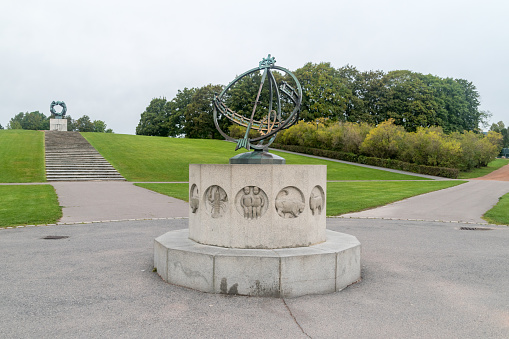 Oslo, Norway - September 24, 2021: Sundial (Soluret) with signs of the zodiac at Vigeland Park.