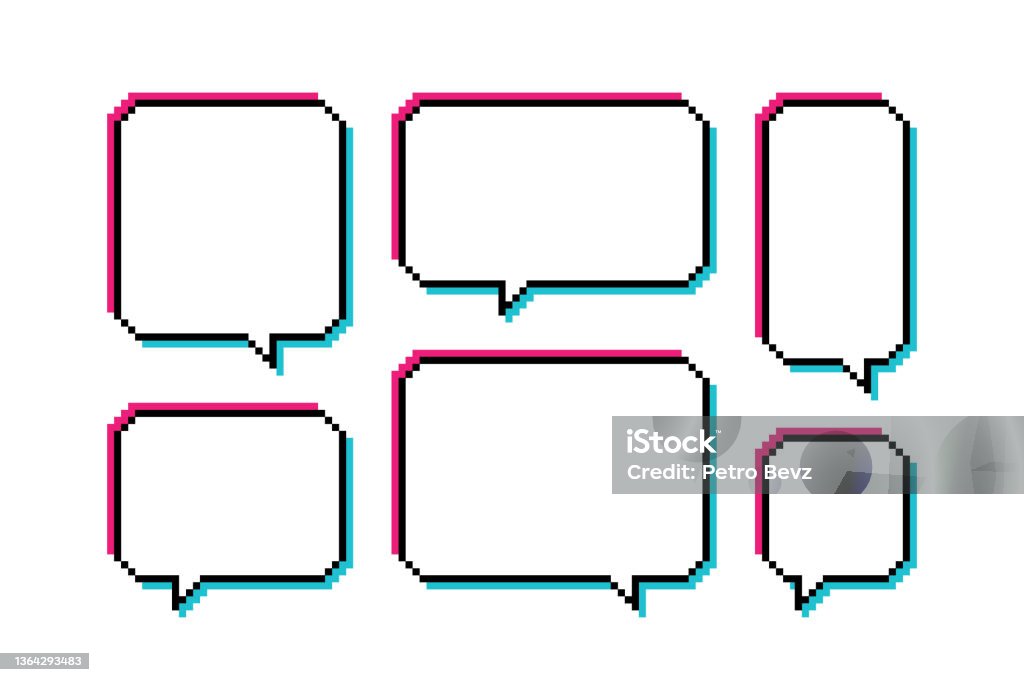 Set different shape pixel glitch speech bubble. Glitch geometric texting dialogue boxes. Colored quote box speech bubble. Modern vector illustration Set different shape pixel glitch speech bubble. Glitch geometric texting dialogue boxes. Colored quote box speech bubble. Modern vector illustration. Speech Bubble stock vector