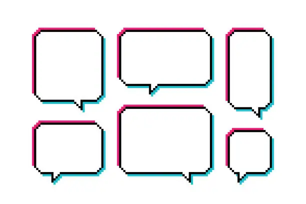 Vector illustration of Set different shape pixel glitch speech bubble. Glitch geometric texting dialogue boxes. Colored quote box speech bubble. Modern vector illustration