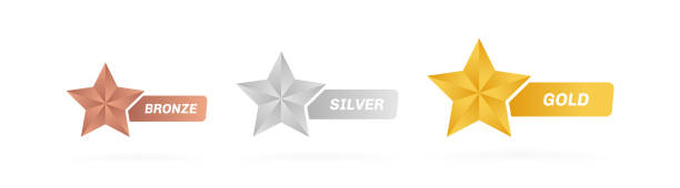 ilustraciones, imágenes clip art, dibujos animados e iconos de stock de etiqueta estrella de plata y bronce. evaluación de la calificación de productos de clientes. ilustración vectorial moderna - bronze