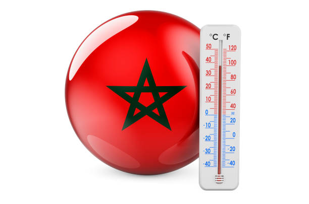 Thermometer with Moroccan flag. Heat in Morocco concept. 3D rendering isolated on white background