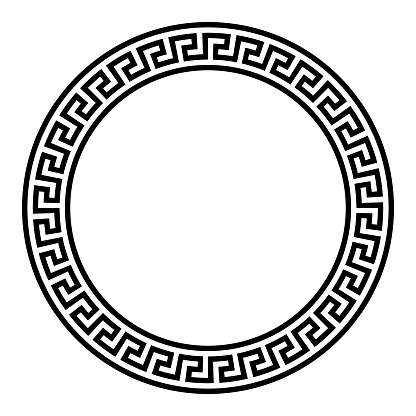 Simple meander pattern, circle frame. Decorative round border, made of lines, shaped into a repeated motif. This style can be found in classical Greece and Rome, also known as Greek key or Greek fret.