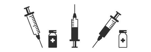 Syringe and vaccine vector icon, shot with medicine vial, medical injection. Inoculation concept. Healthcare illustration Syringe and vaccine vector icon, shot with medicine vial, medical injection. Inoculation concept. Healthcare illustration isolated on white background syringe stock illustrations