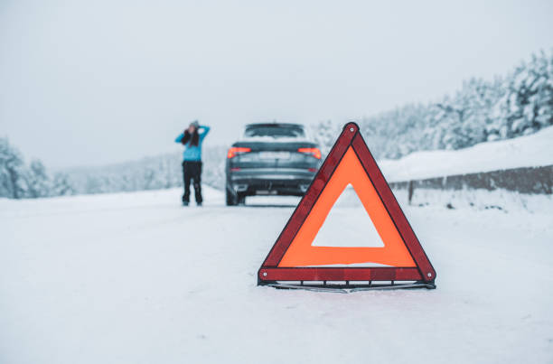 車の故障のための助けを求める女性 - blizzard ice damaged snow ストックフォトと画像