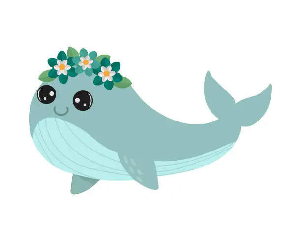 Vector illustration of Ð¡ute whale with wreath of flowers. Isolated on white background. For books, children's books, books about animals, stickers, magazines, design, factories, business