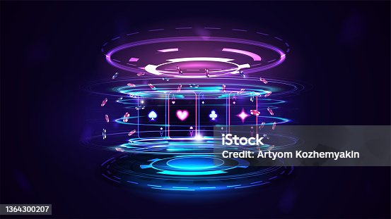 istock Neon Casino playing cards with poker chips and hologram of digital rings in dark empty scene 1364300207