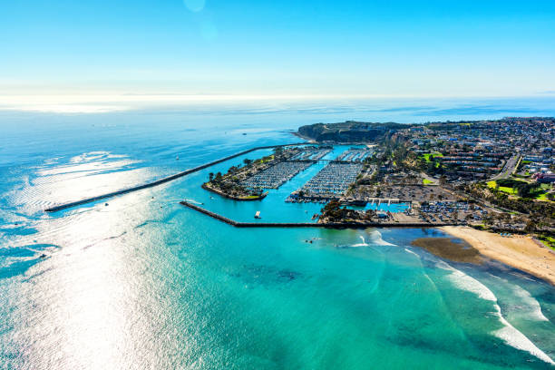 Dana Point Harbor Aerial The marina at Dana Point, California located in southern Orange County shot from an altitude of about 800 feet during a helicopter photo flight dana point stock pictures, royalty-free photos & images