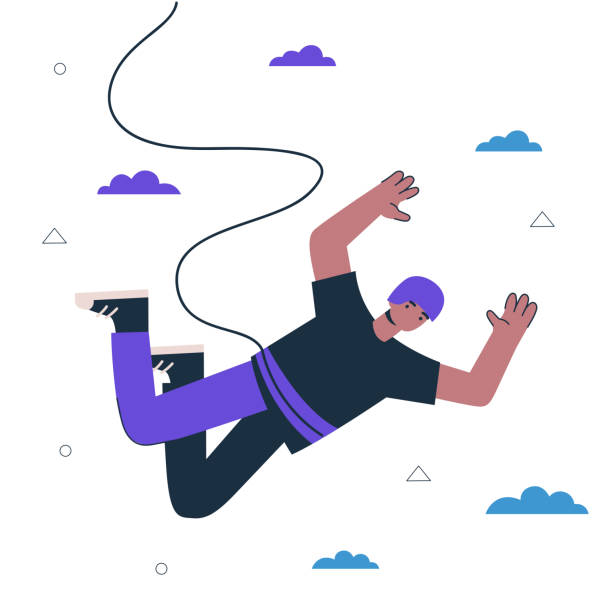 Hipster guy bungee jumper. Young man jumping and flying. Healthy active lifestyle and extreme sport creative concept. Male person free fall with rope. Vector art illustration Hipster guy bungee jumper. Young man jumping and flying. Healthy active lifestyle and extreme sport creative concept. Male person free fall with rope. Vector eps art illustration bungee jumping stock illustrations