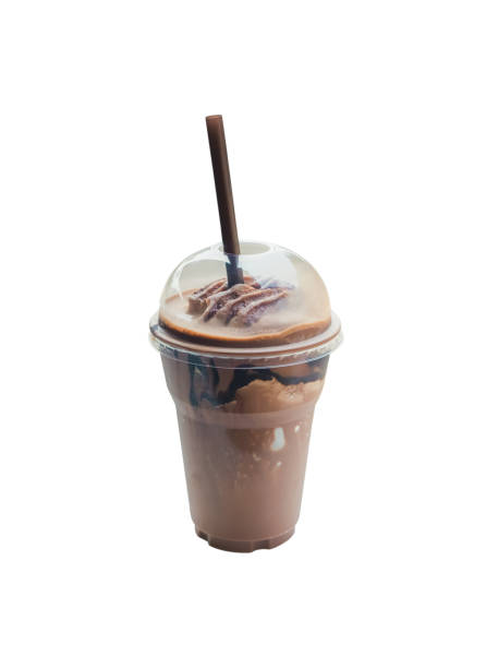 Chocolate shake isolated on white background Chocolate frappe in plastic cup isolated on white background. Iced cocoa and whipped cream. chocolate shake stock pictures, royalty-free photos & images