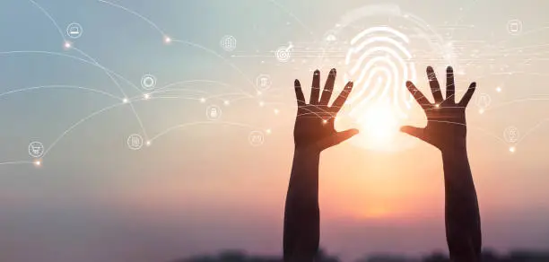 Abstract palm hands touching fingerprint identification to access personal data. Global network connections, Biometrics security, innovation technology against digital cyber crime.