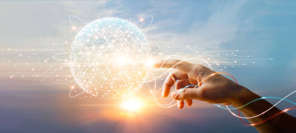 istock Hand of businessman touching circle global network connection and data exchanges on sunset background, Business networking with customer, Science, Innovation, Communication and technology concept. 1364316652