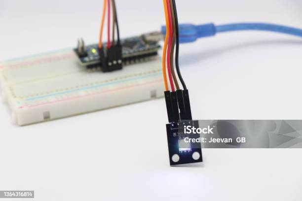 Argb Led Module Connected To Breadboard Using Jumper Wires Various Electronic Parts Combined To Make Amazing Science Projects Stock Photo - Download Image Now