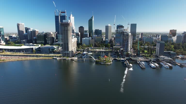Perth City Skyline from Drone pull out from Elizabeth Quay