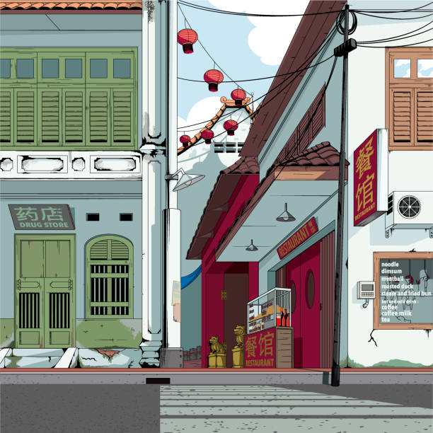 Traditional Chinatown Market illustration Traditional Chinatown Market illustration"rthe architecture influenced by the southeast asia style, like in Indonesia, SIngapore, and Malaysia indonesia street stock illustrations