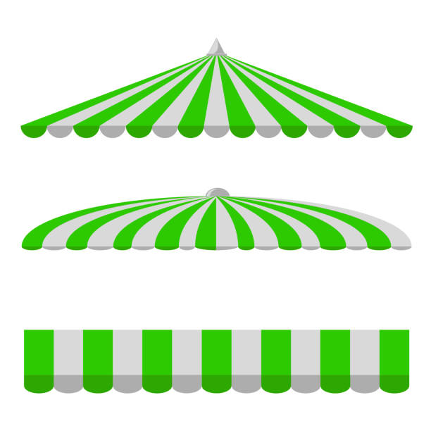 캐노피, 녹색 및 흰색, 직사각형, 삼각형 및 흰색에 고립 된 타원형의 절반 세트 - shade textile roof covering stock illustrations