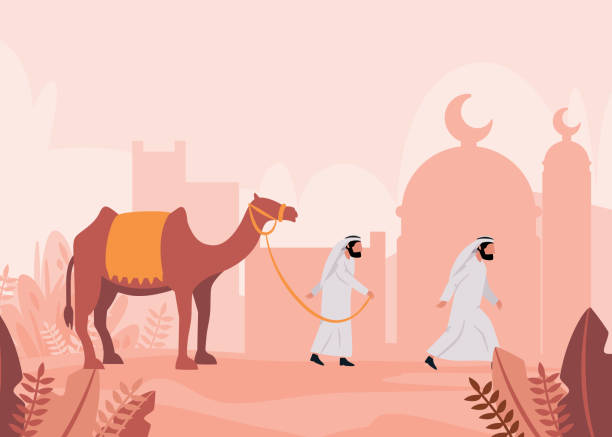 Camel in desert man Arabic cartoon travel in sahara sand muslim walking together in caravan Camel in desert man Arabic cartoon travel in sahara sand muslim walking together in caravan vector dromedary camel stock illustrations