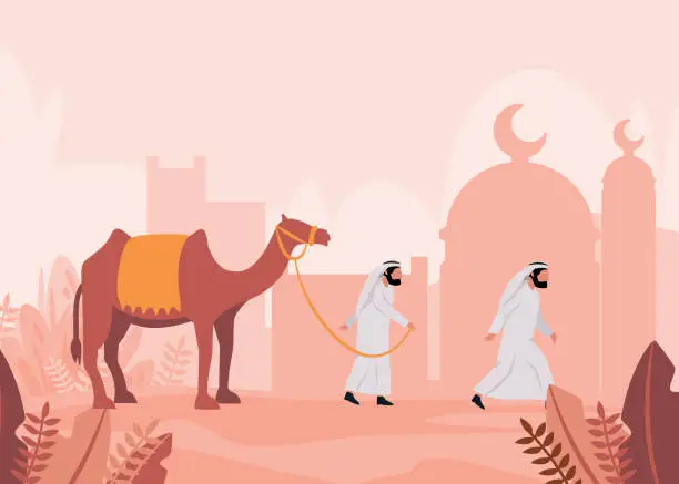 Vector illustration of Camel in desert man Arabic cartoon travel in sahara sand muslim walking together in caravan