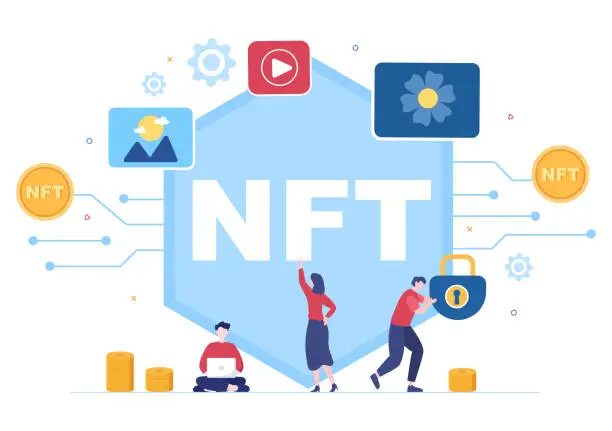 Vector illustration of NFT Non Fungible Token Crypto Art of Converting Into Digital Network with Coin Servers for Banner or Poster in Flat Background Illustration