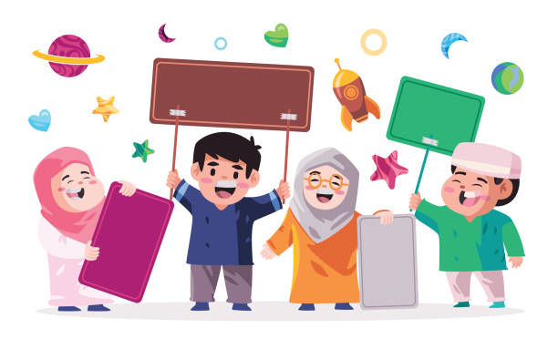 ilustrações, clipart, desenhos animados e ícones de crianças crianças muçulmanos islâmico segurando faixa cartão em branco protestando celebração juntos grupo de escola mostrando diversão - placard holding celebration women