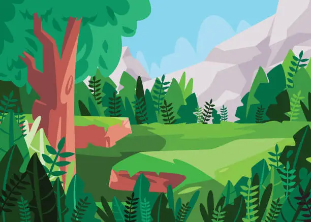 Vector illustration of Scenery mountain big tree is surounded little plants in green color and the grass fields with blue sky white clouds empty nopeople cartoon flat color illustration