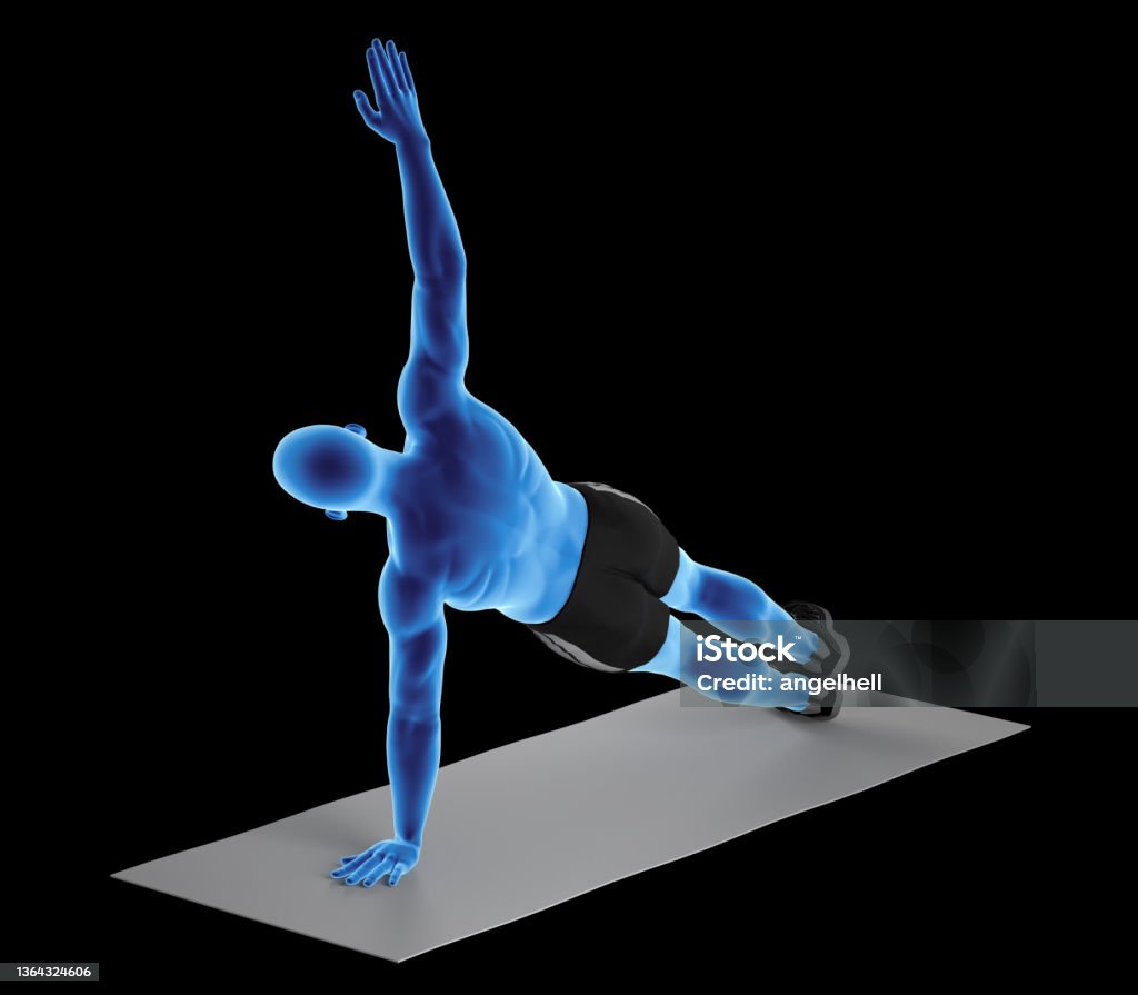 3D illustration of a fit man, doing side plank exercise 3D illustration of a fit man, doing side plank exercise. Muscles in Highlight. Great to be used in medicine works and health. Isolated on a black background. Plank Position Stock Photo