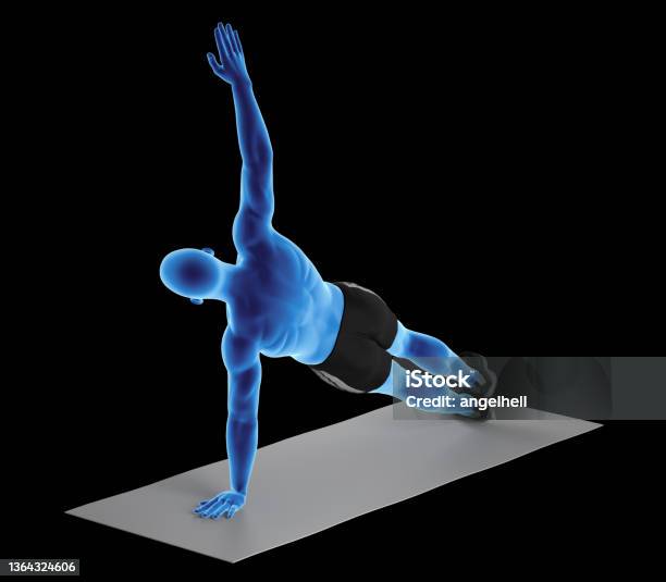 3d Illustration Of A Fit Man Doing Side Plank Exercise Stock Photo - Download Image Now