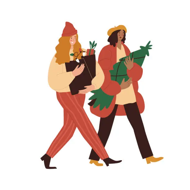 Vector illustration of Christmas fair. People buying Christmas tree on the market. Two women Preparing to new year. Fiat style in vector illustration. Isolated elements. Holiday shopping. Family, friends.