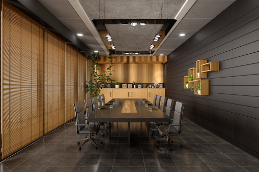 Modern Board Room Interior With Leather Chairs, Wooden Cabinets, Tiled Floor And Digital Tablets On Table