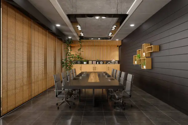 Photo of Modern Board Room Interior With Leather Chairs, Wooden Cabinets, Tiled Floor And Digital Tablets On Table